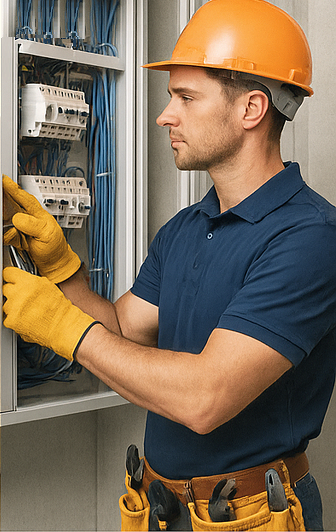 Electricista trabajando en un cuadro eléctrico